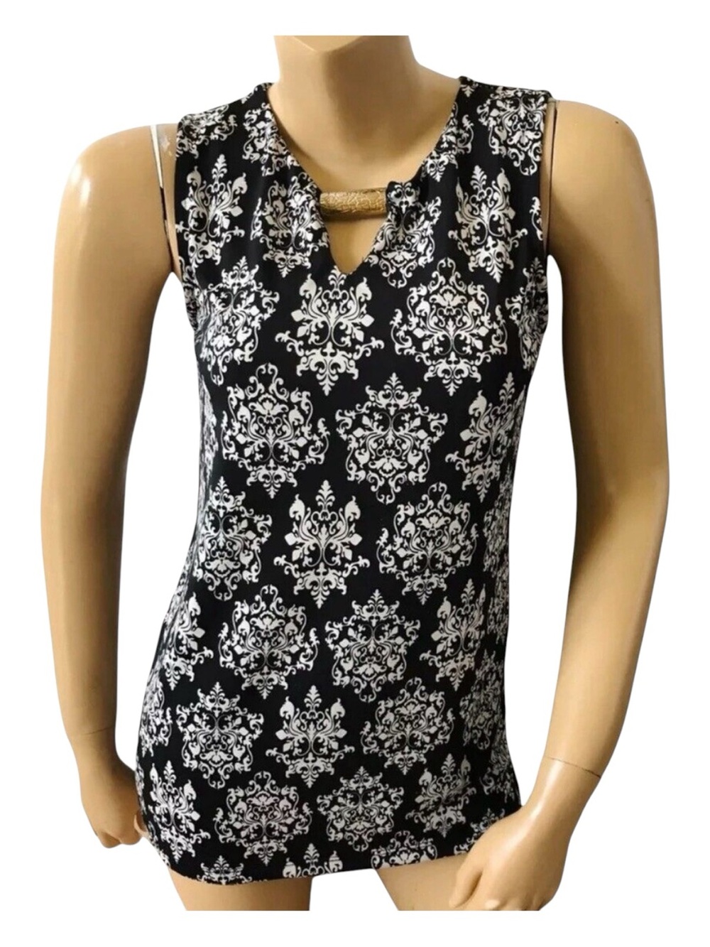 Maria Gabrielle Tank Top Womens Size Small Black White Damask Keyhole Sleeveless